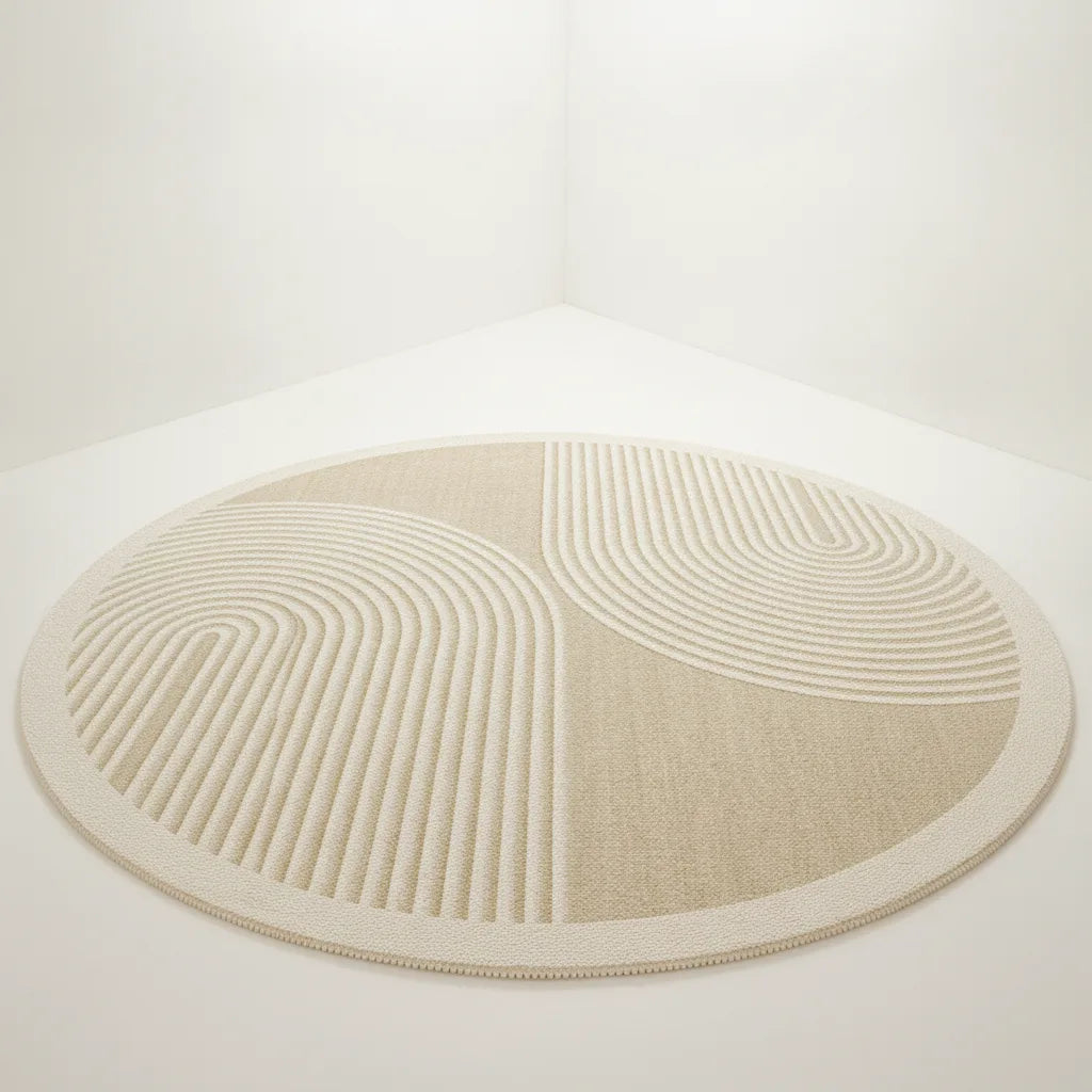 Tapis rond beige à rayures