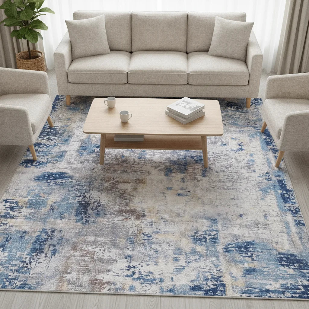 Tapis de salon abstrait bleu lavable