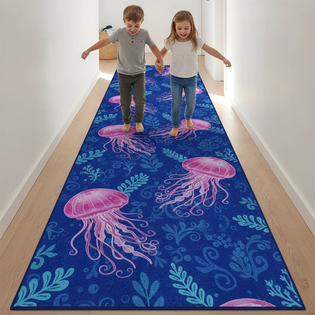Tapis de couloir motif feuilles et fleurs