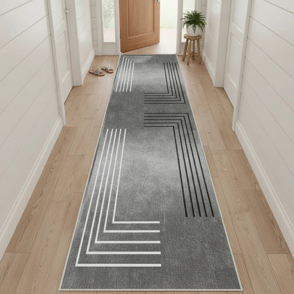 Tapis de couloir gris motif géométrique