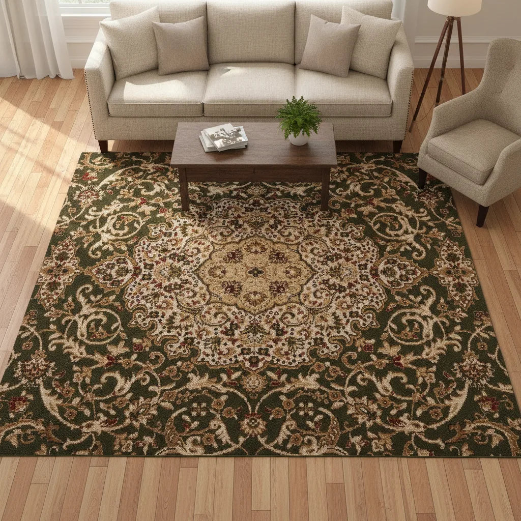Tapis de salon oriental vert et beige