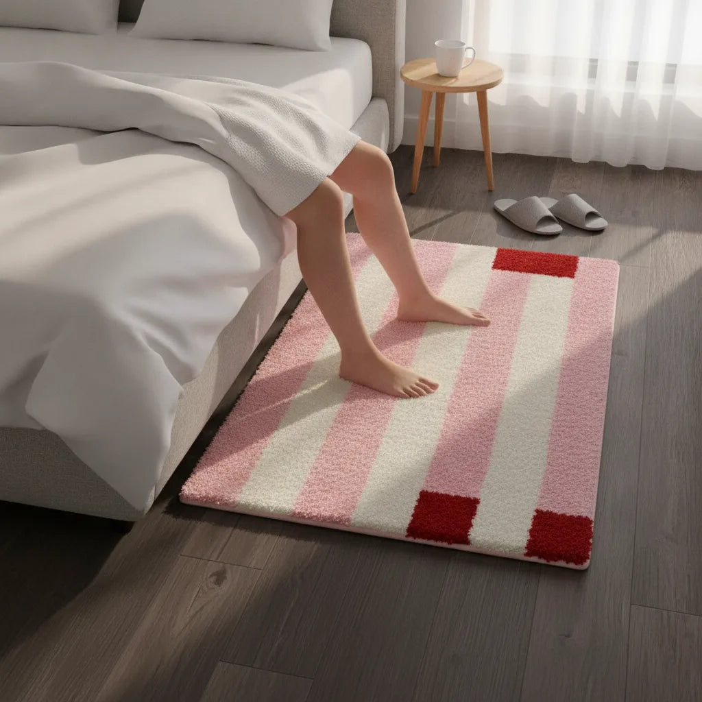 Tapis de chevet géométrique rose et beige