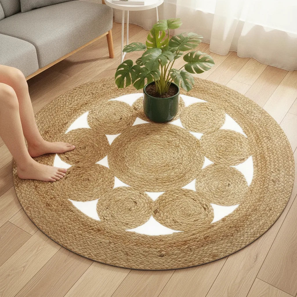 Tapis rond aspect jute écru