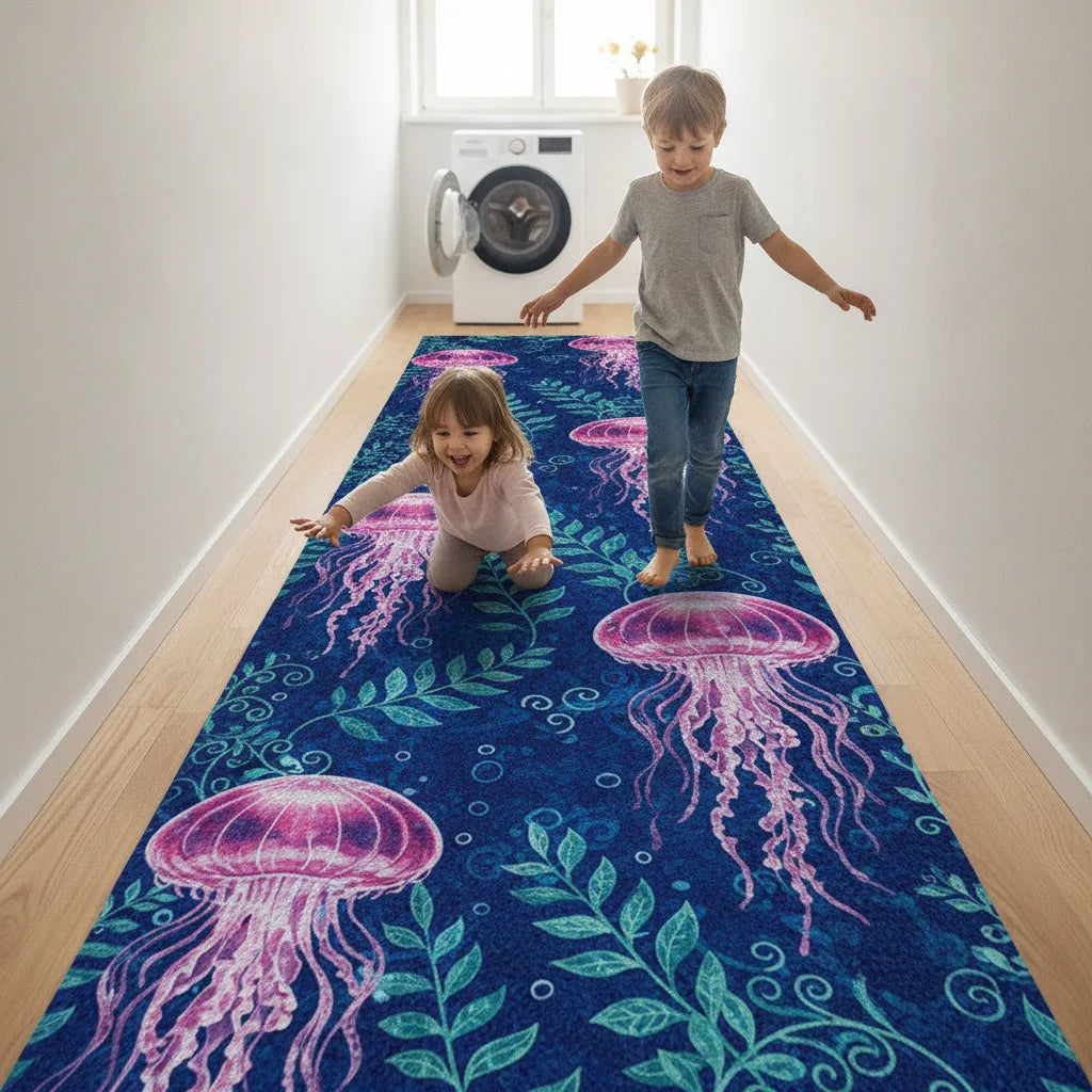 Tapis de couloir motif feuilles et fleurs