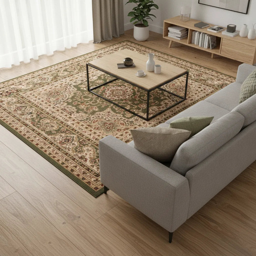Tapis de salon oriental vert et beige