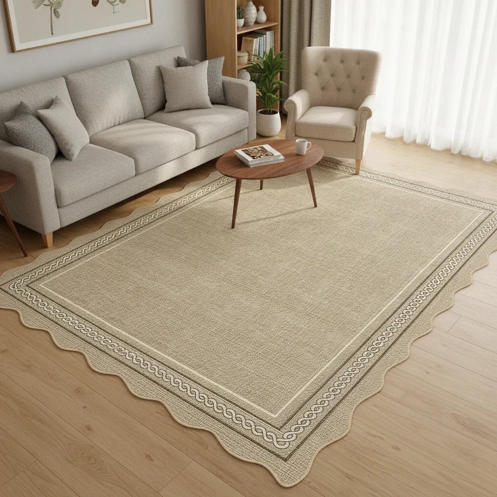 Tapis salon uni à bords festonnés