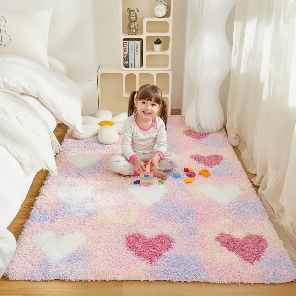 Tapis enfant cœurs à poils longs