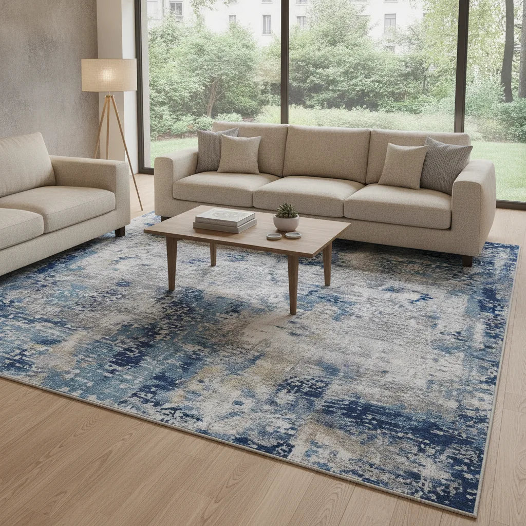 Tapis de salon abstrait bleu lavable