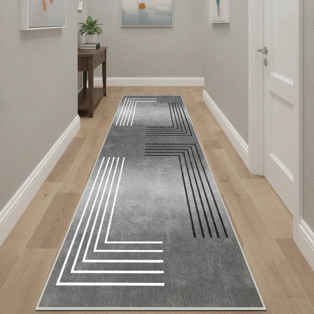 Tapis de couloir gris motif géométrique