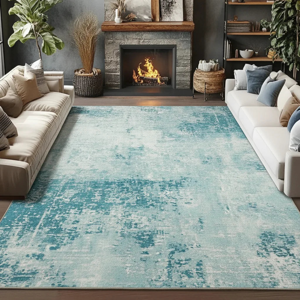 Tapis de salon abstrait bleu lavable