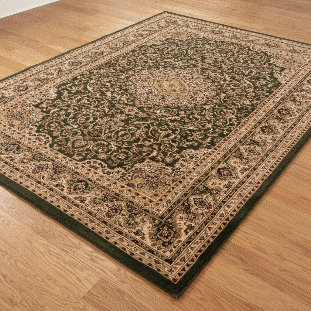 Tapis de salon oriental vert et beige