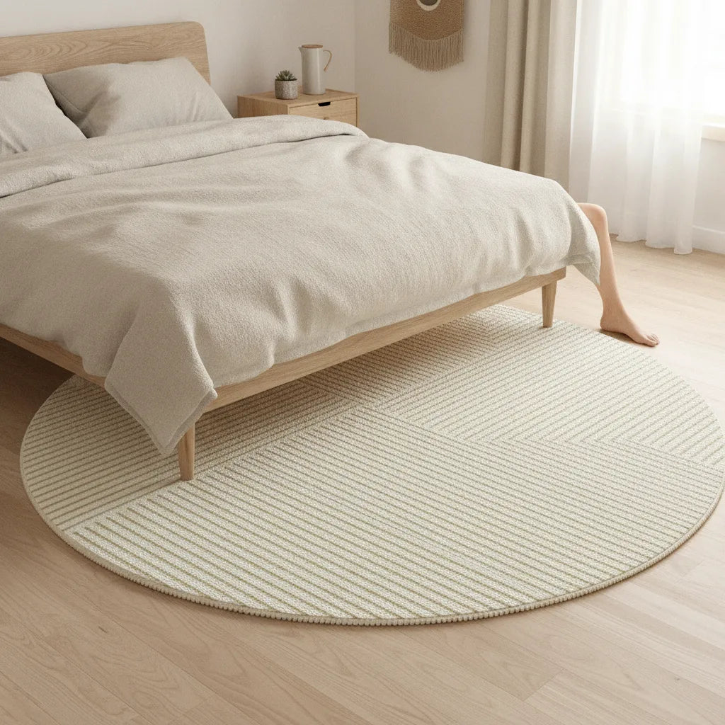 Tapis rond beige à rayures