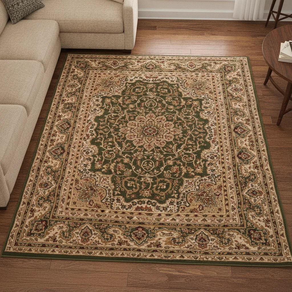Tapis de salon oriental vert et beige
