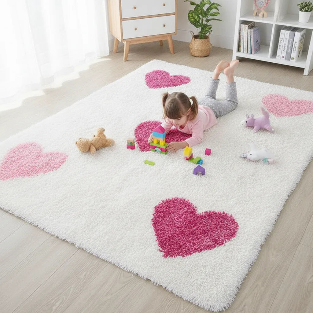 Tapis enfant cœurs à poils longs