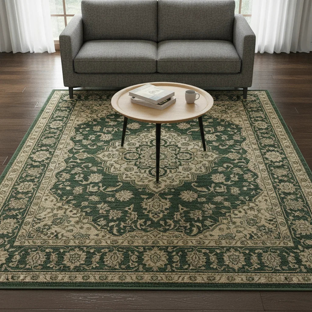 Tapis de salon oriental vert et beige