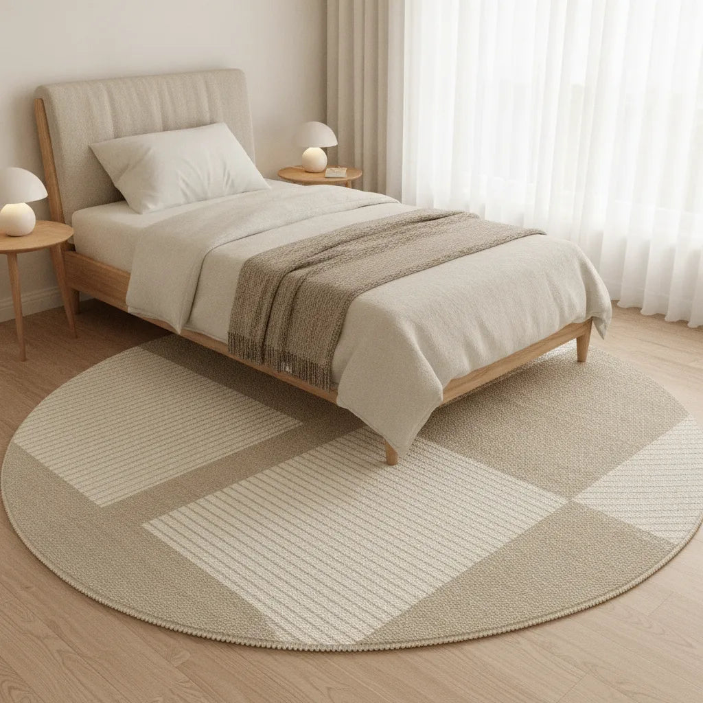 Tapis rond beige à rayures