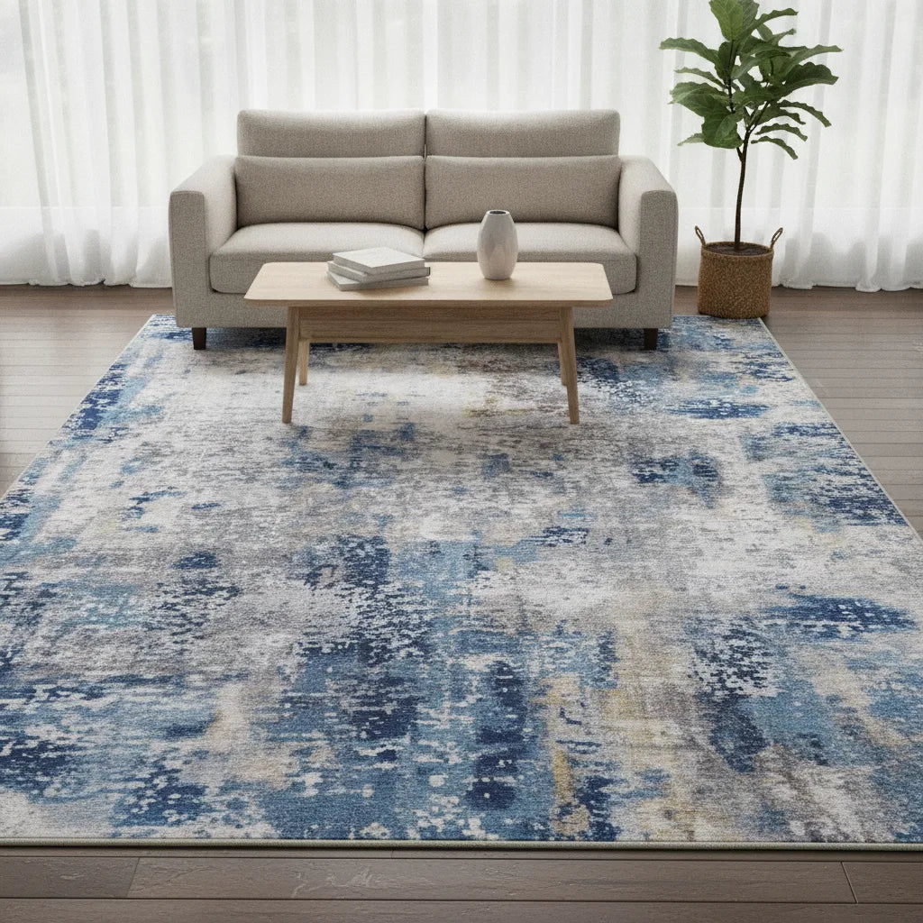 Tapis de salon abstrait bleu lavable