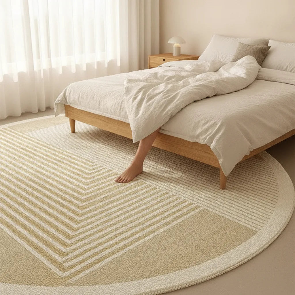 Tapis rond beige à rayures
