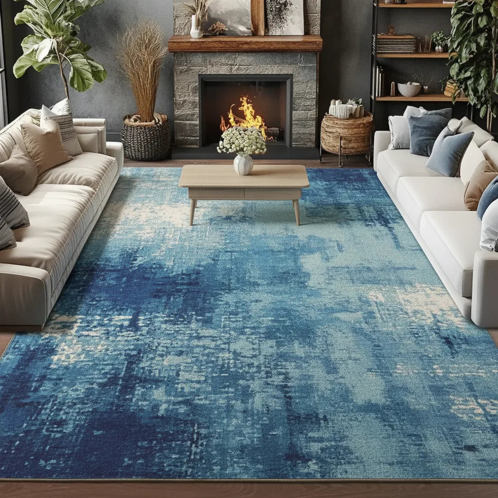 Tapis de salon abstrait bleu lavable