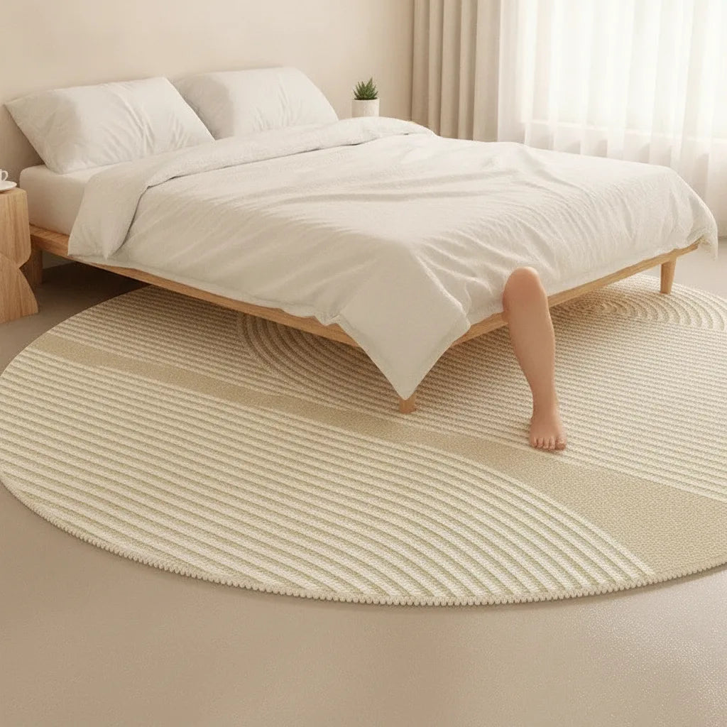 Tapis rond beige à rayures
